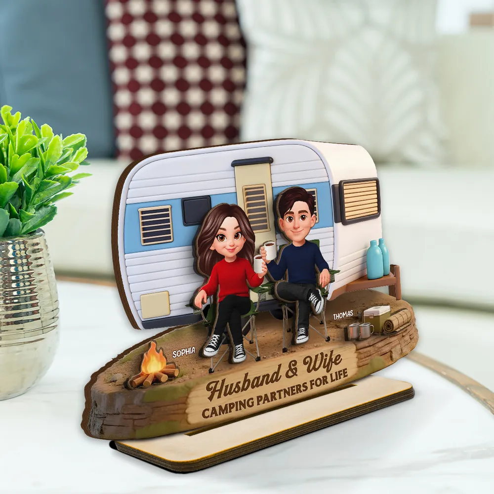 2-Layer Wooden Plaque Personalized for Husband & Wife, Cute Camper Scene Gift That Celebrates Partners for Life - Image 3