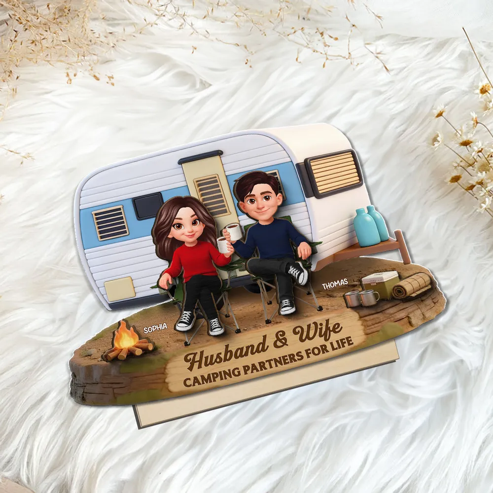 2-Layer Wooden Plaque Personalized for Husband & Wife, Cute Camper Scene Gift That Celebrates Partners for Life - Image 6