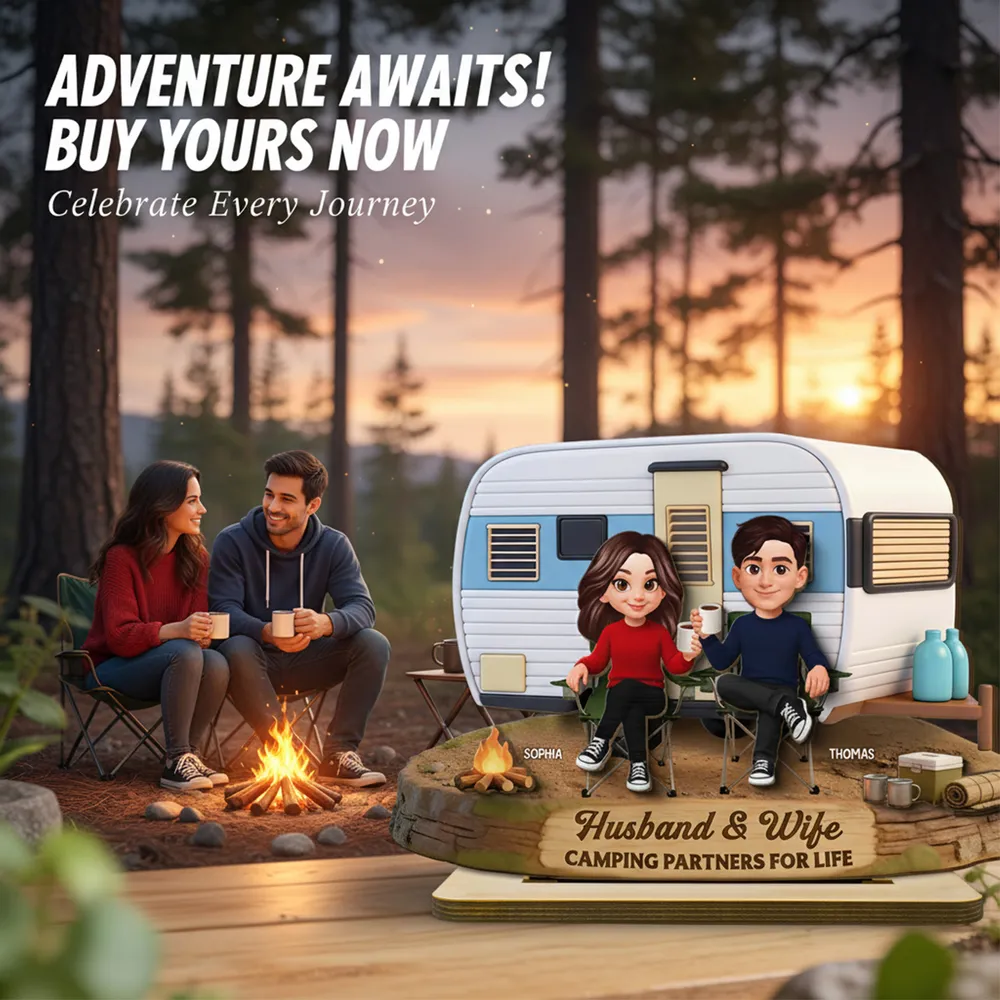 2-Layer Wooden Plaque Personalized for Husband & Wife, Cute Camper Scene Gift That Celebrates Partners for Life - Image 8