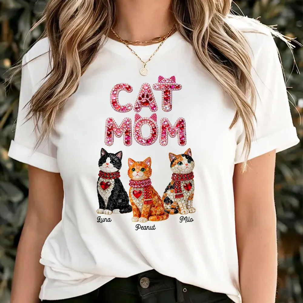 Personalized Cat Mom Classic Tee With Shiny Mosaic Cats, Cute Everyday Wear, Unique Gift for Cat Lovers - Image 3