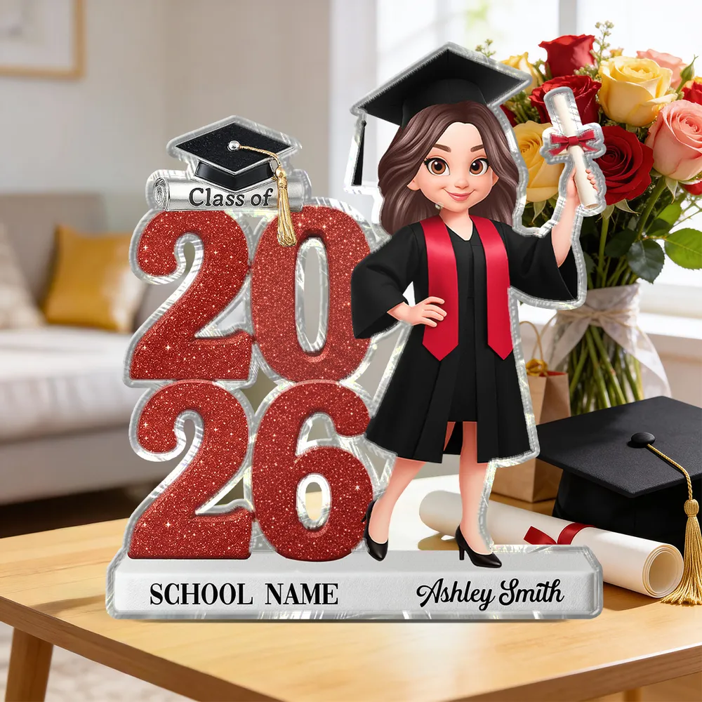 Personalized Shaped Acrylic Block Plaque Graduation Decor, Cute Cartoon Grad Holding Diploma, Unique Gift - Image 2