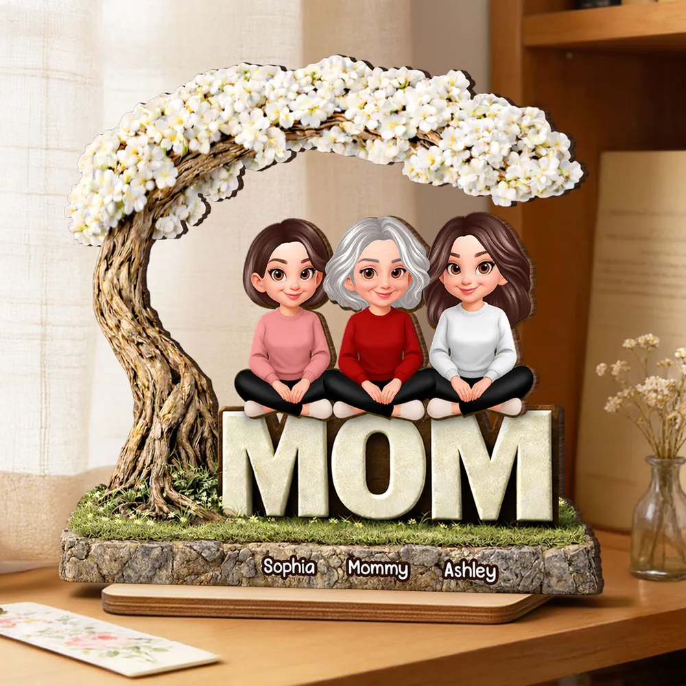 2-Layer Wooden Plaque Personalized Family Scene Under a Flowering Tree, Warm Home Display, Heartfelt Gift for Mom - Image 6