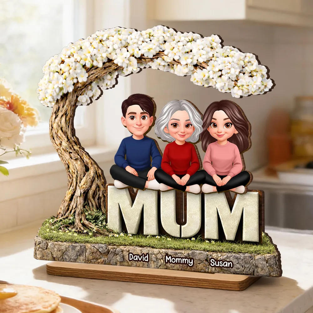 2-Layer Wooden Plaque Personalized Family Scene Under a Flowering Tree, Warm Home Display, Heartfelt Gift for Mom - Image 8
