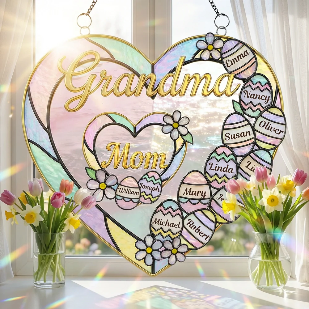 Personalized Acrylic Suncatcher Ornament Heart with Mom & Grandma, Pastel Easter Eggs Window Decor, Unique Gift for Family