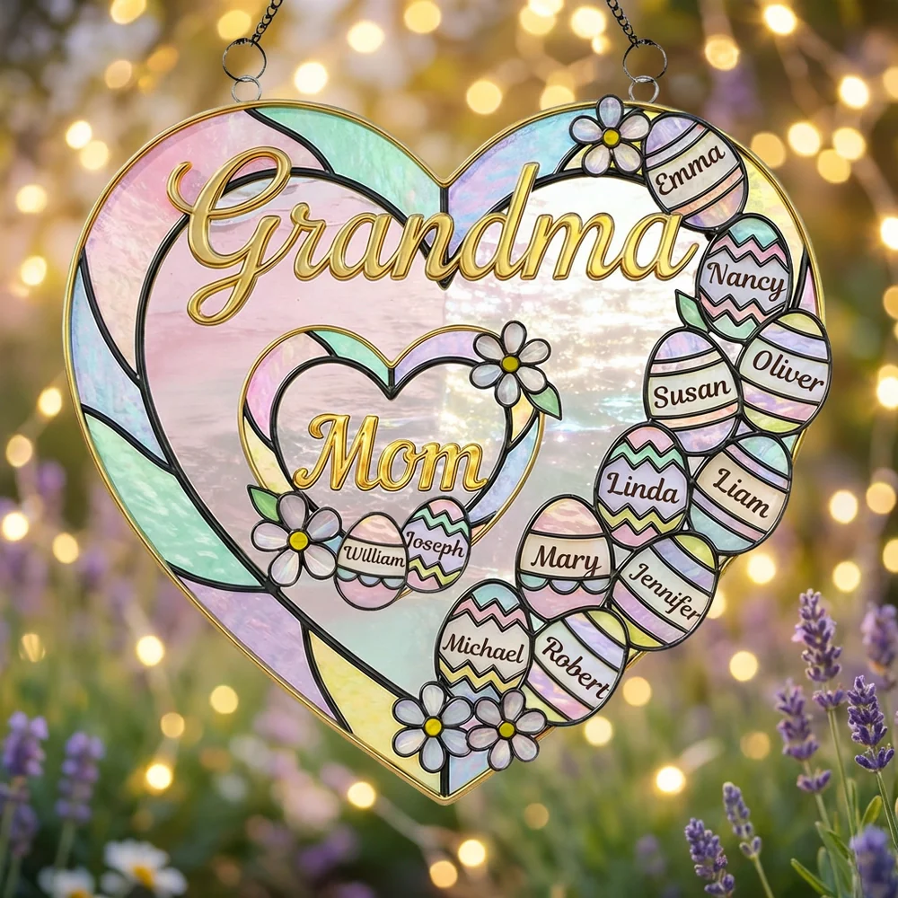 Personalized Acrylic Suncatcher Ornament Heart with Mom & Grandma, Pastel Easter Eggs Window Decor, Unique Gift for Family - Image 3