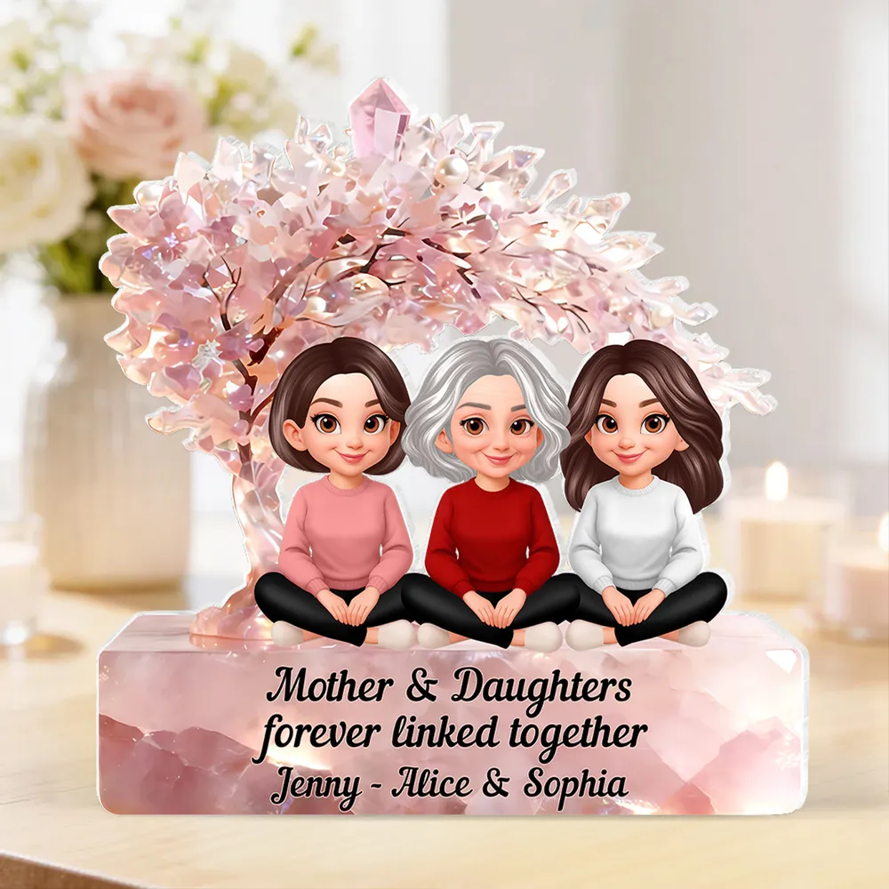 Personalized Shaped Acrylic Block Plaque, Mother & Daughters Under Pink Blossom Tree, Unique Gift for Mom - Image 2