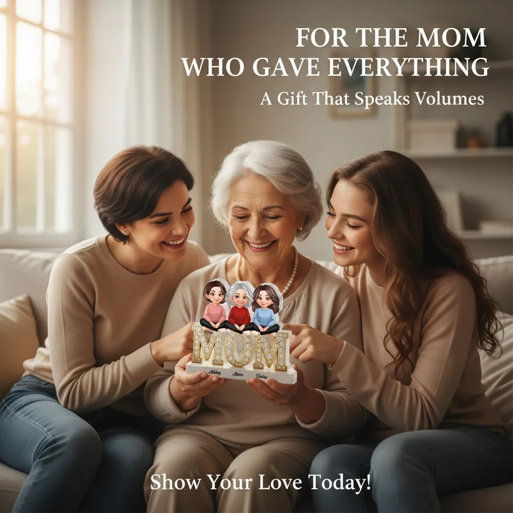 Personalized Shaped Acrylic Block Plaque with Mom & Daughters Cartoon Illustration, Sparkly MOM Shelf Decor, Unique Gift for Mom - Image 7