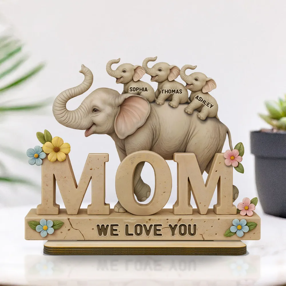 Personalized 2-Layer Wooden Plaque with Elephant Mom and Calves, We Love You Message, Unique Gift for Mom
