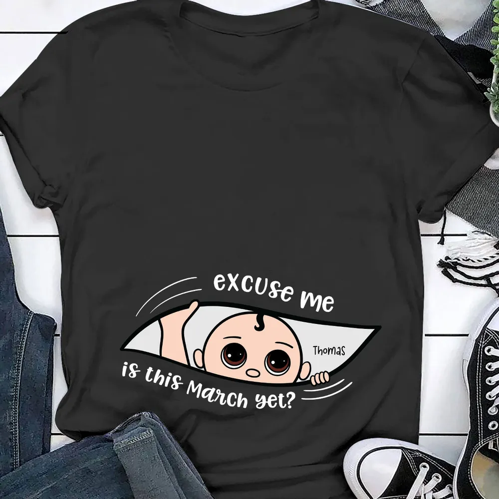 Personalized Pregnancy Announcement Classic Tee with Cute Baby Peek Design for Expecting Parents, Unique Funny Gift - Image 2