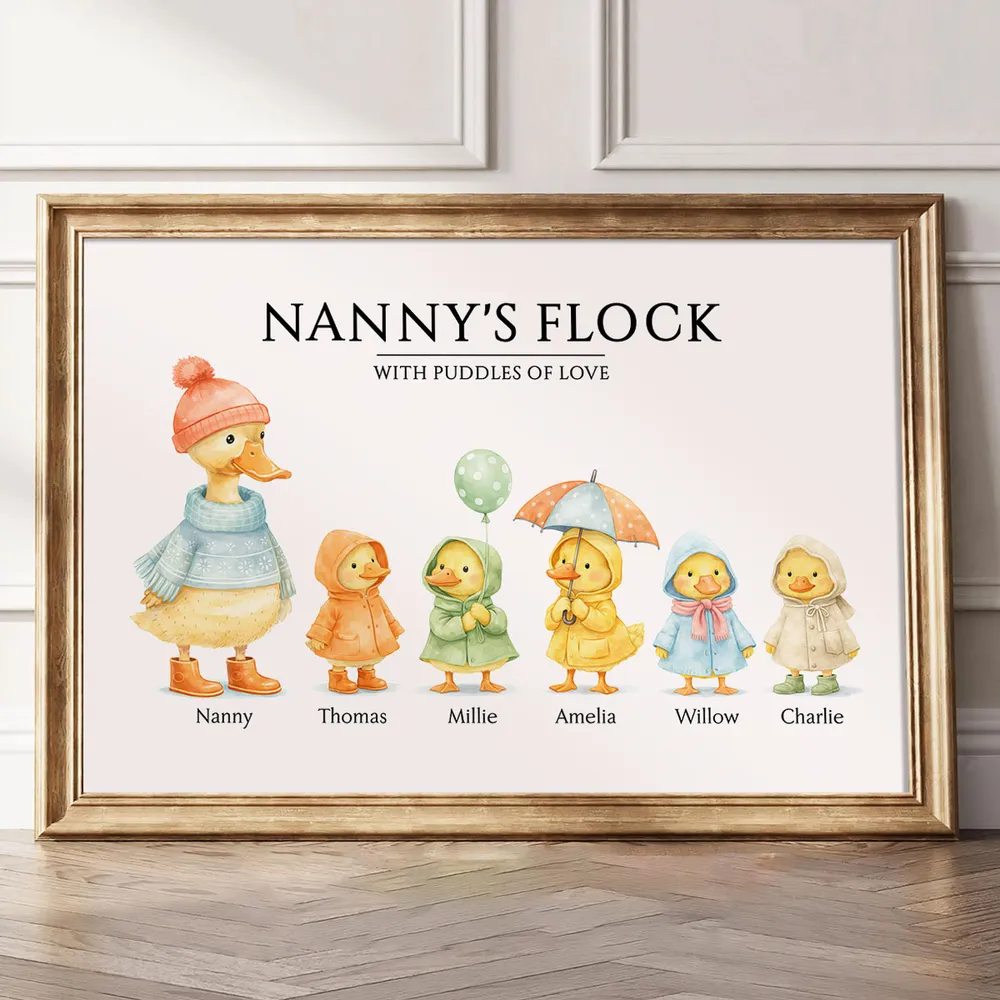 Nanny's Flock Poster Personalized with Puddles of Love, Cute Watercolor Ducks in Raincoats, Unique Gift for Grandma