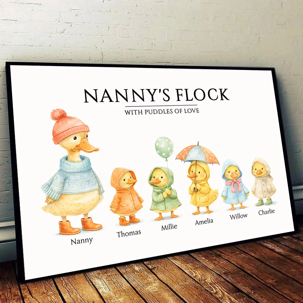 Nanny's Flock Poster Personalized with Puddles of Love, Cute Watercolor Ducks in Raincoats, Unique Gift for Grandma - Image 5