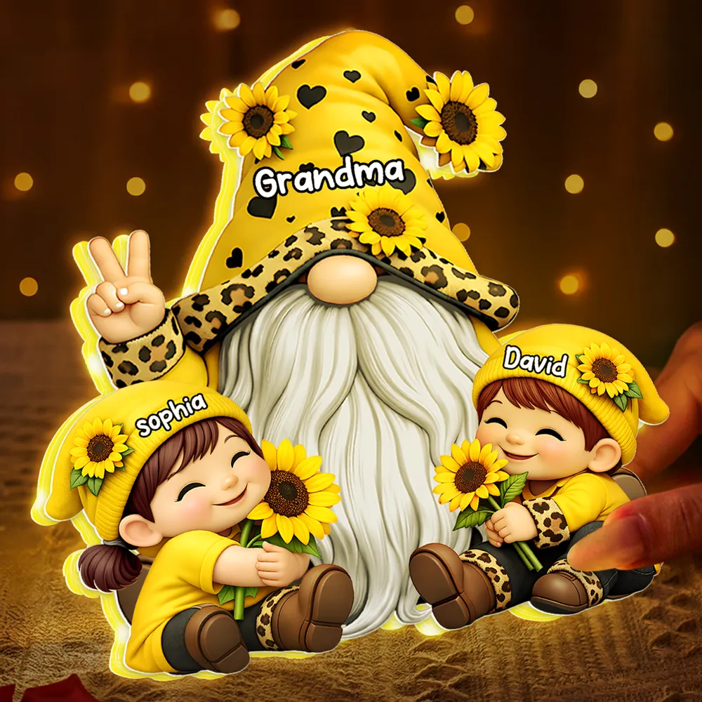 Personalized Grandma Gnome Acrylic Light Box With Sunflowers, Warm Glow Night Light, Unique Gift for Grandma
