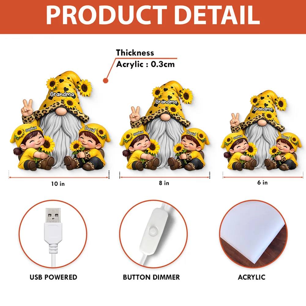 Personalized Grandma Gnome Acrylic Light Box With Sunflowers, Warm Glow Night Light, Unique Gift for Grandma - Image 8