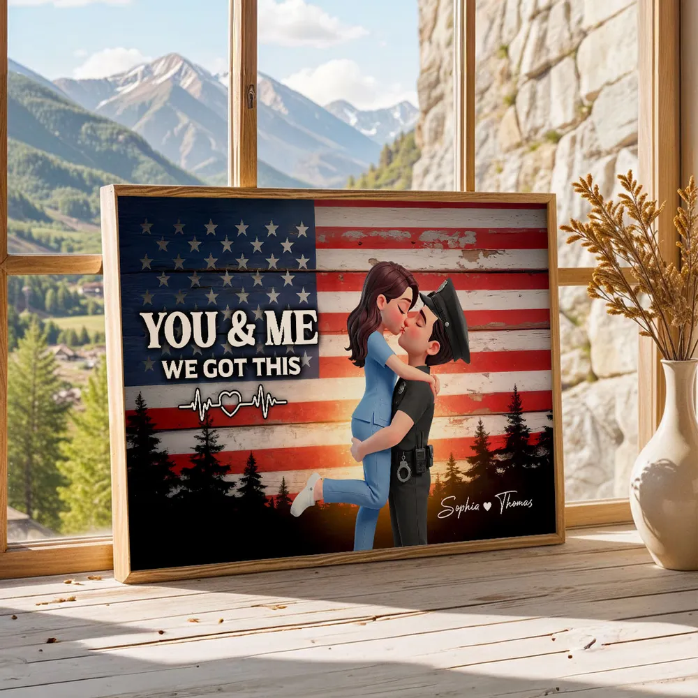 Personalized Poster of a Kissing Hero Couple on American Flag Background - Unique Gift for Couples to Say You & Me We Got This - Image 2