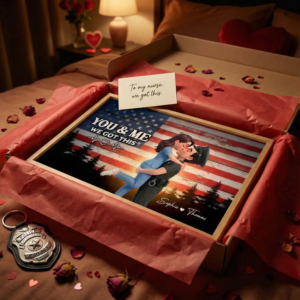 Personalized Poster of a Kissing Hero Couple on American Flag Background - Unique Gift for Couples to Say You & Me We Got This - Image 3