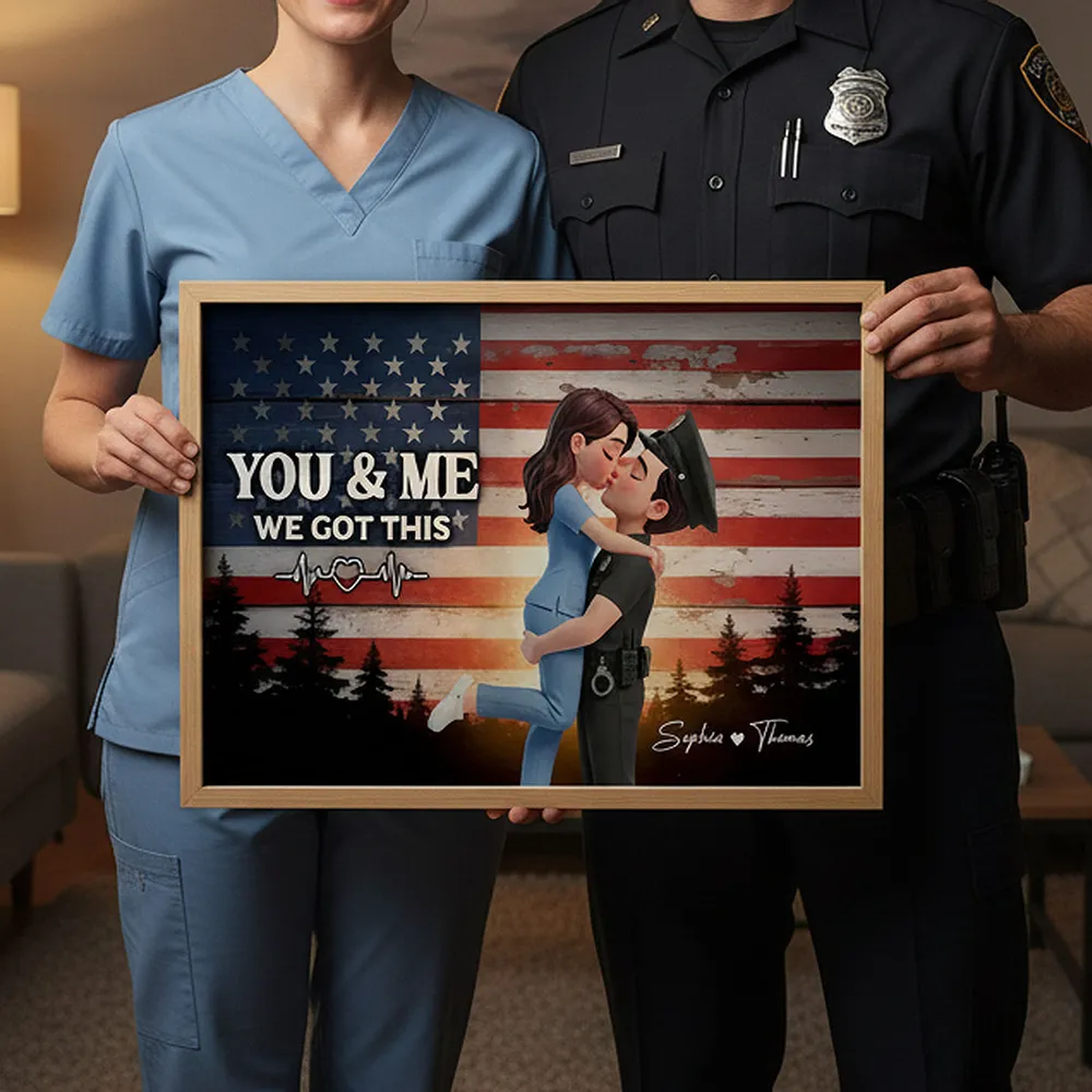 Personalized Poster of a Kissing Hero Couple on American Flag Background - Unique Gift for Couples to Say You & Me We Got This - Image 4