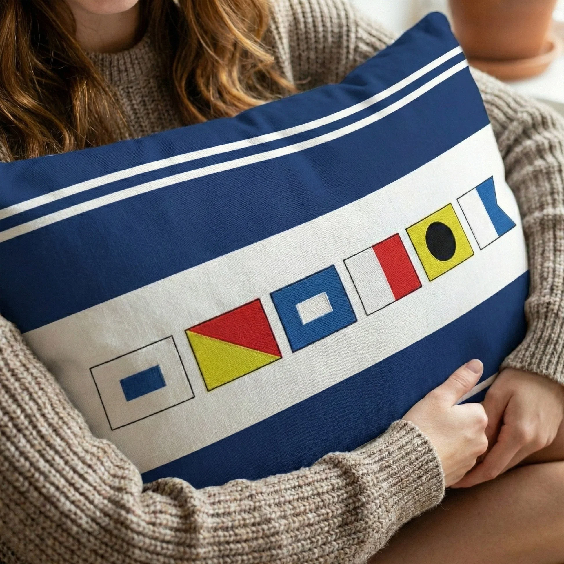 Navy Coastal Rectangular Pillow with Personalized Nautical Flags, Cozy Couch or Bed Decor, Meaningful Unique Gift - Image 5