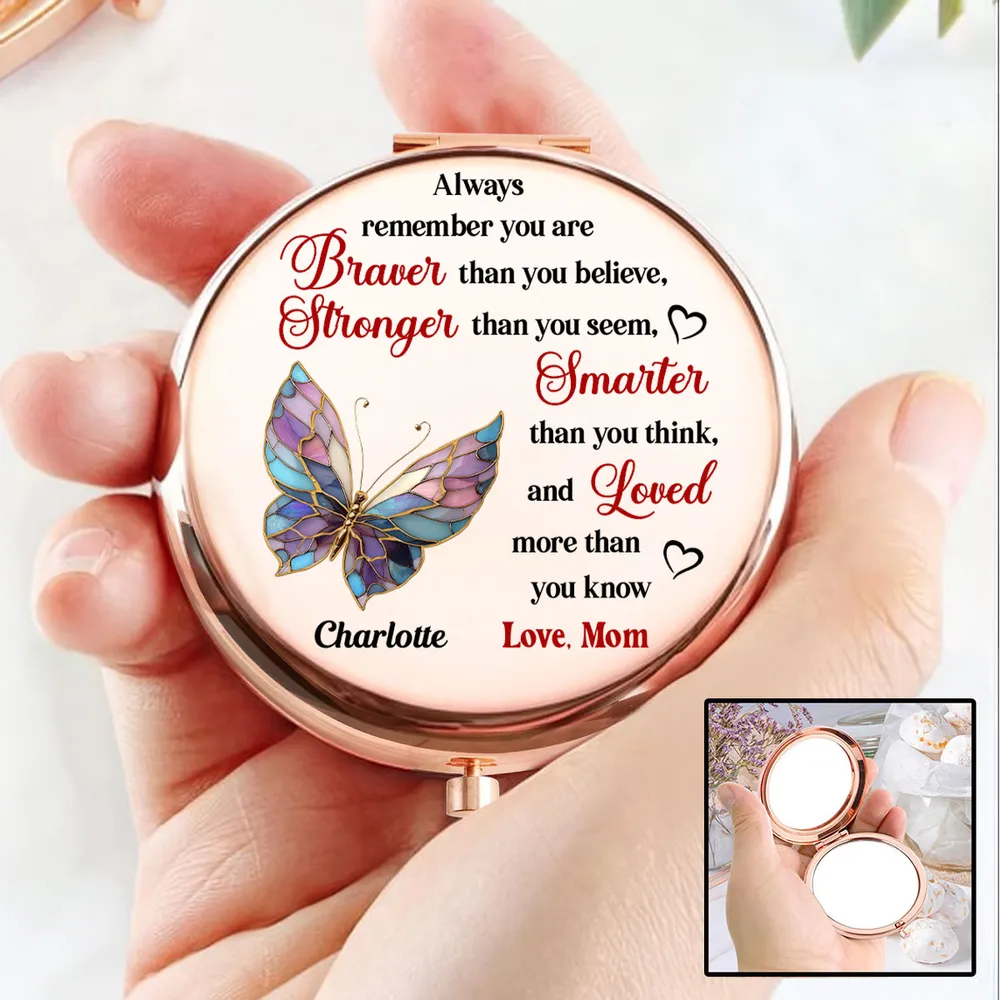 Personalized Metal Compact Mirror with Butterfly Quote, Encouraging Gift for Daughter or Friend, Braver Stronger Smarter Loved - Image 2