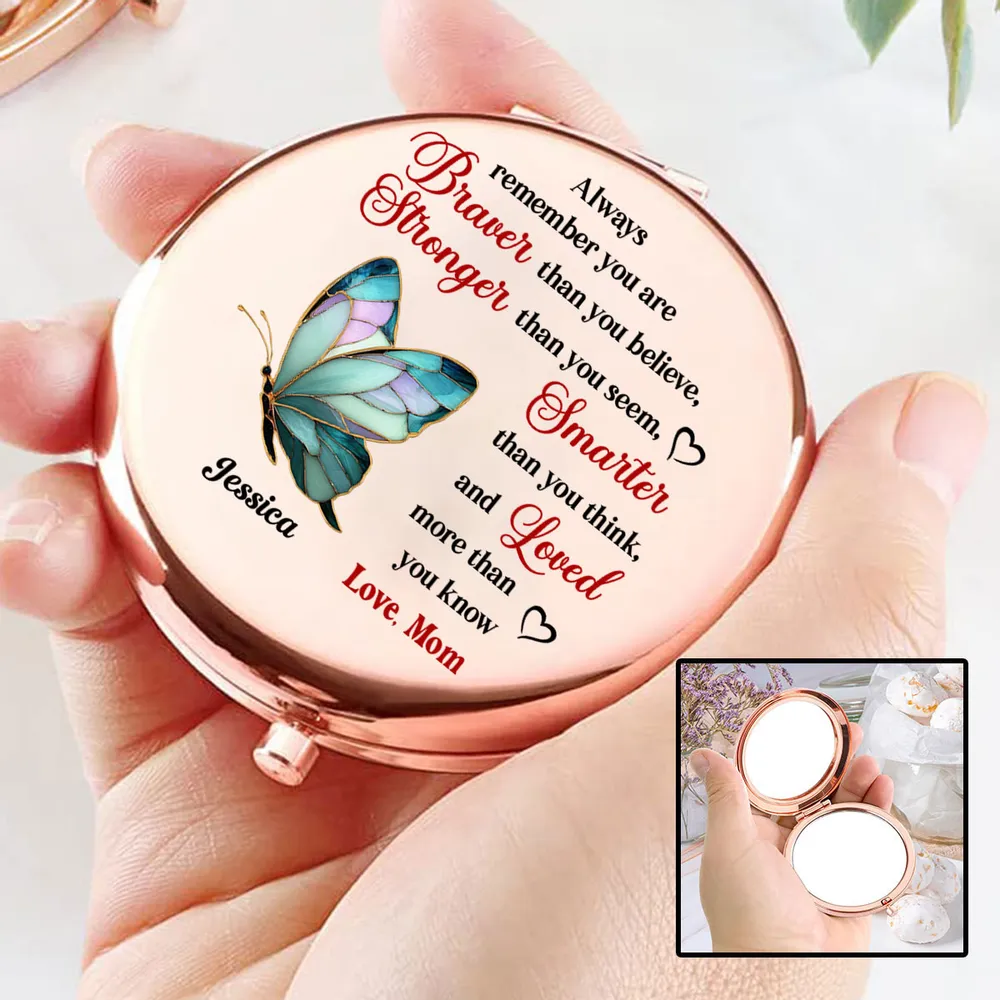Personalized Metal Compact Mirror with Butterfly Quote, Encouraging Gift for Daughter or Friend, Braver Stronger Smarter Loved - Image 6