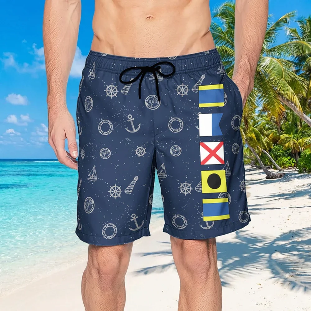 Personalized Nautical Flag Men's Beach Shorts, Navy Ocean Print for Beach Days, Unique Summer Gift for Him