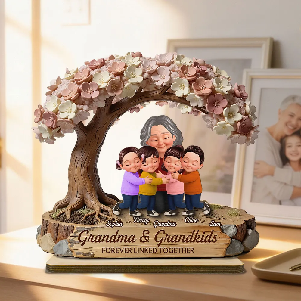 Personalized 2-Layer Wooden Plaque with Hugging Grandma & Grandkids Under Blossom Tree - Unique Family Keepsake Gift