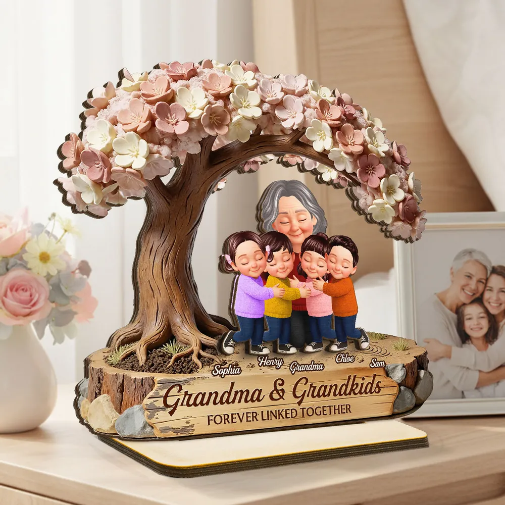 Personalized 2-Layer Wooden Plaque with Hugging Grandma & Grandkids Under Blossom Tree - Unique Family Keepsake Gift - Image 2