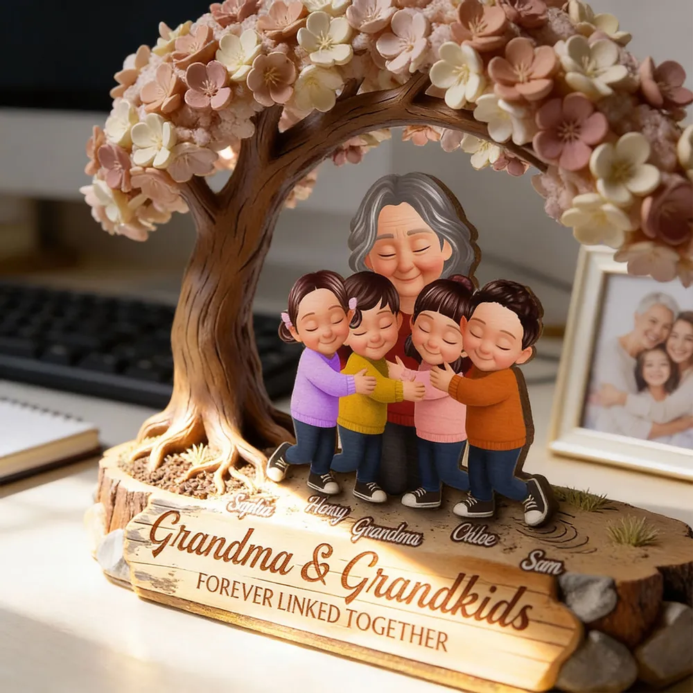 Personalized 2-Layer Wooden Plaque with Hugging Grandma & Grandkids Under Blossom Tree - Unique Family Keepsake Gift - Image 6