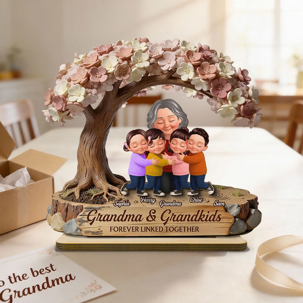 Personalized 2-Layer Wooden Plaque with Hugging Grandma & Grandkids Under Blossom Tree - Unique Family Keepsake Gift - Image 7