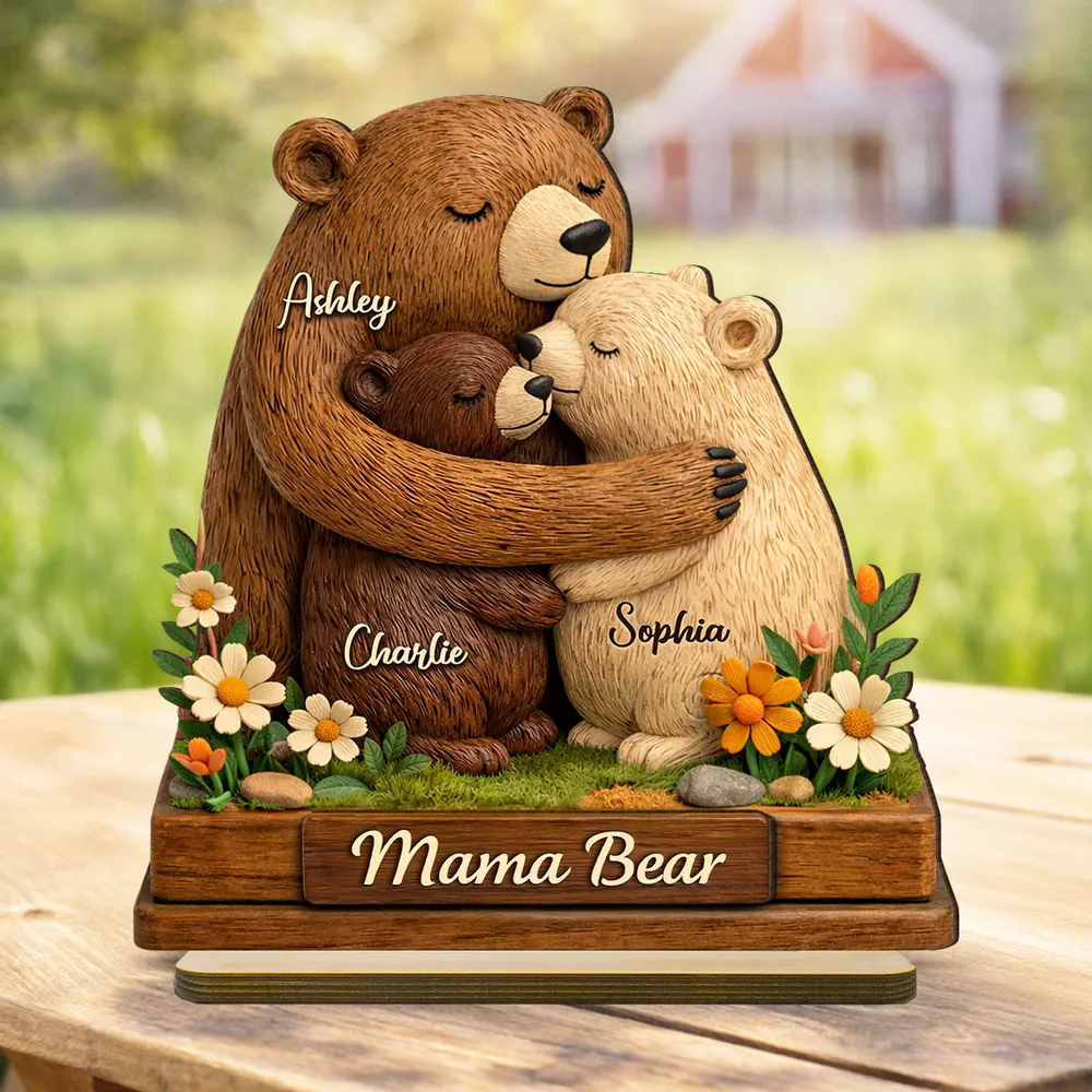 Personalized 2-Layer Wooden Plaque Mama Bear Hugging Cubs, Sweet Floral Family Keepsake, Unique Gift for Mom or Grandma - Image 6