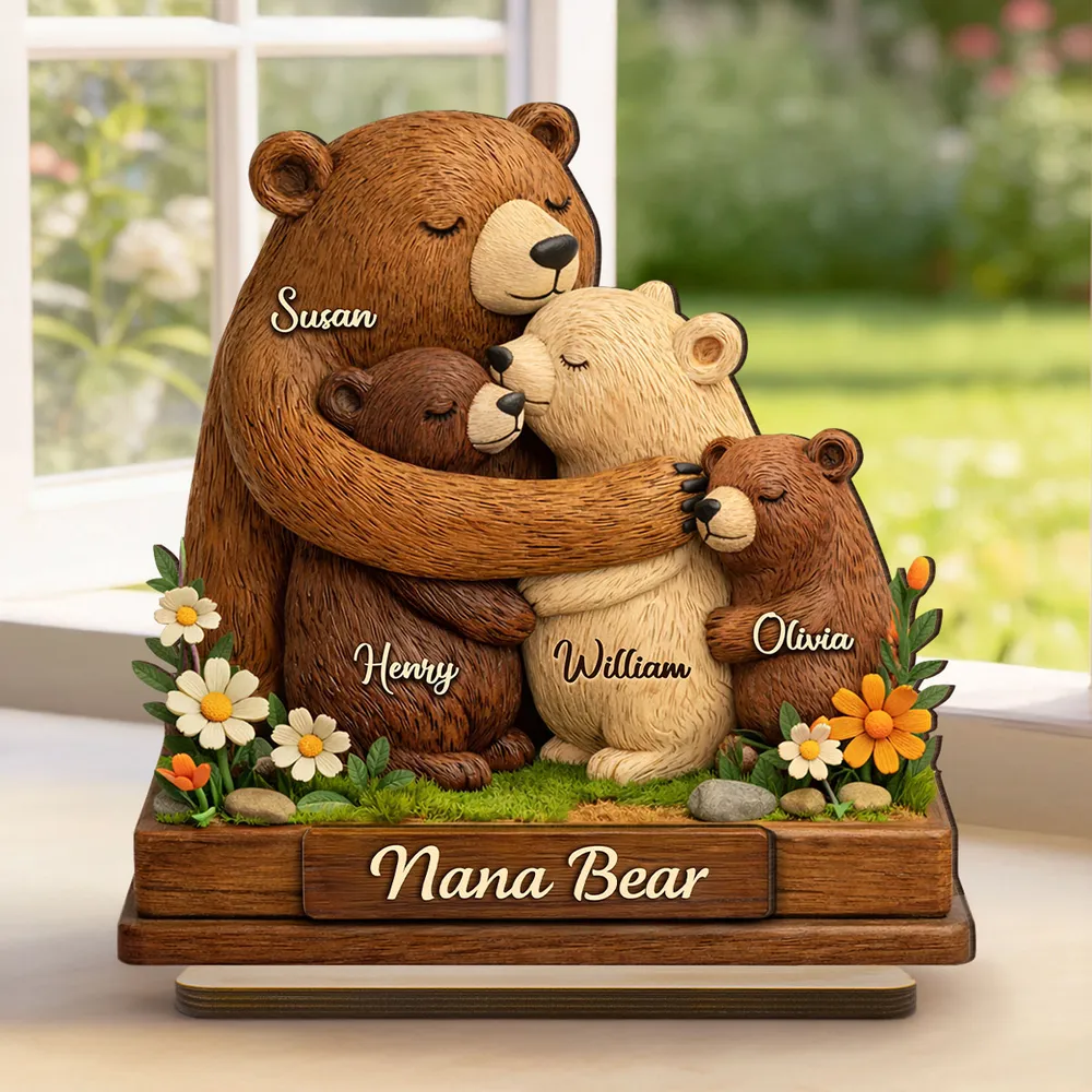 Personalized 2-Layer Wooden Plaque Mama Bear Hugging Cubs, Sweet Floral Family Keepsake, Unique Gift for Mom or Grandma - Image 8