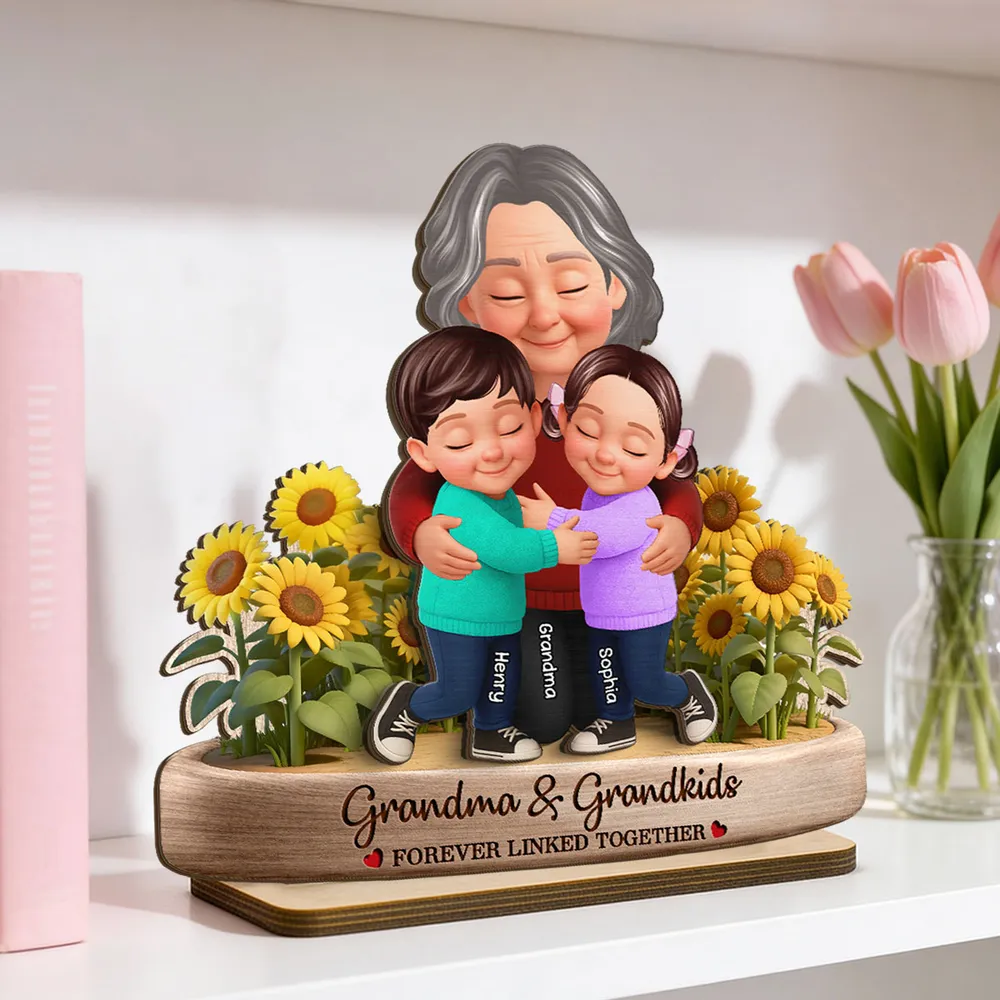 Personalized 2-Layer Wooden Plaque of a Grandma Hugging Grandkids in Sunflowers - Unique Gift for Grandma - Image 8