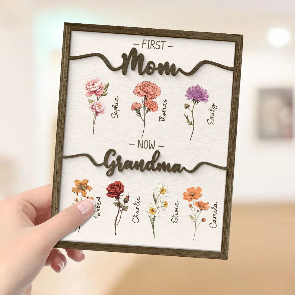 Personalized 2-Layer Wooden Plaque First Mom Now Grandma Floral Keepsake for Grandma - Unique Family Gift - Image 3