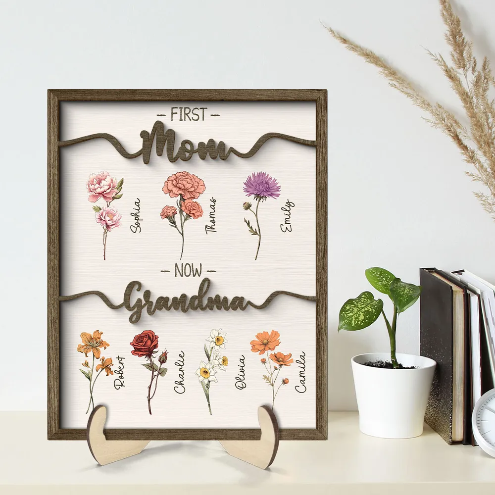 Personalized 2-Layer Wooden Plaque First Mom Now Grandma Floral Keepsake for Grandma - Unique Family Gift - Image 5