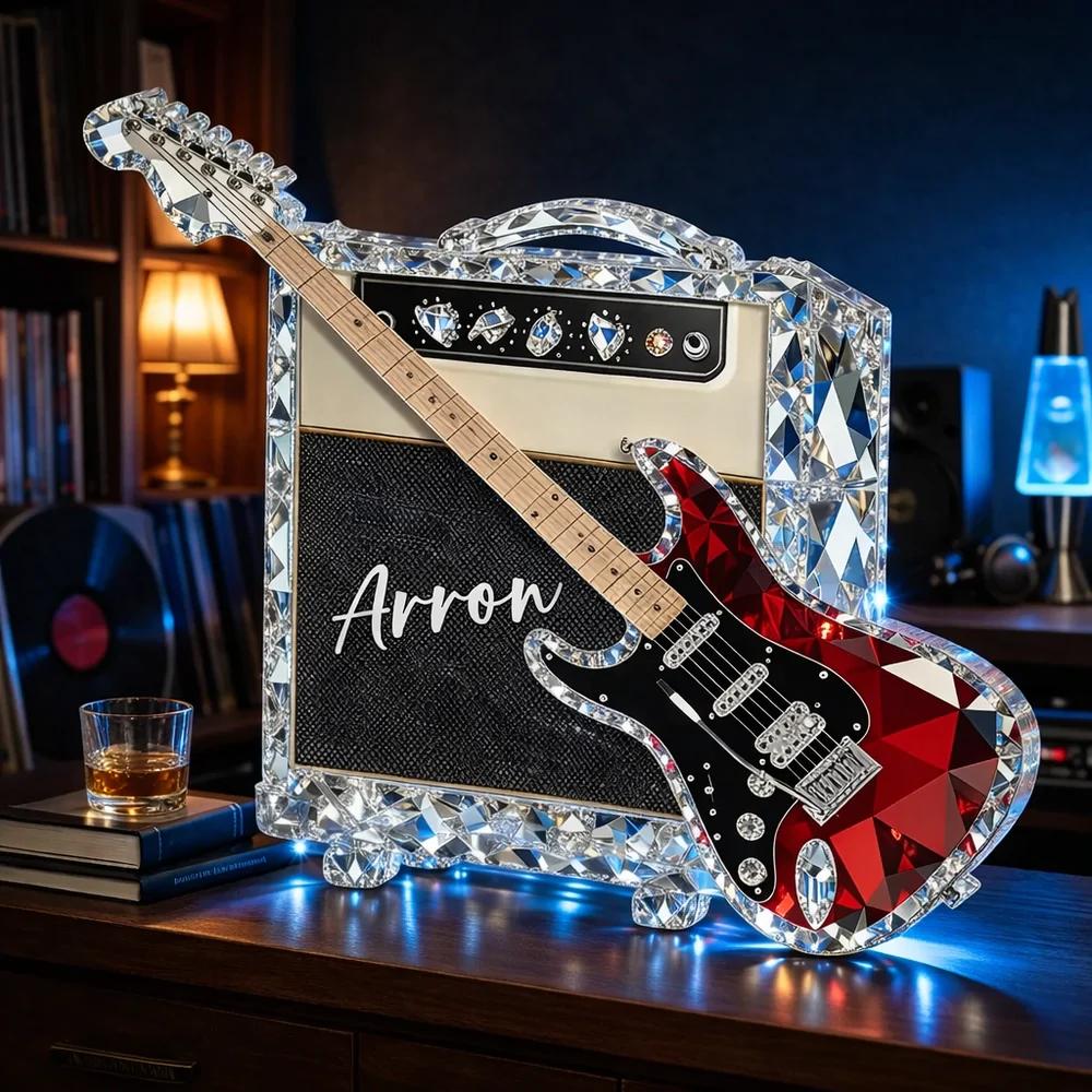 Personalized Guitar Shaped Acrylic Block Plaque, Amp and Electric Guitar Shelf Decor, Unique Gift for Music Lovers
