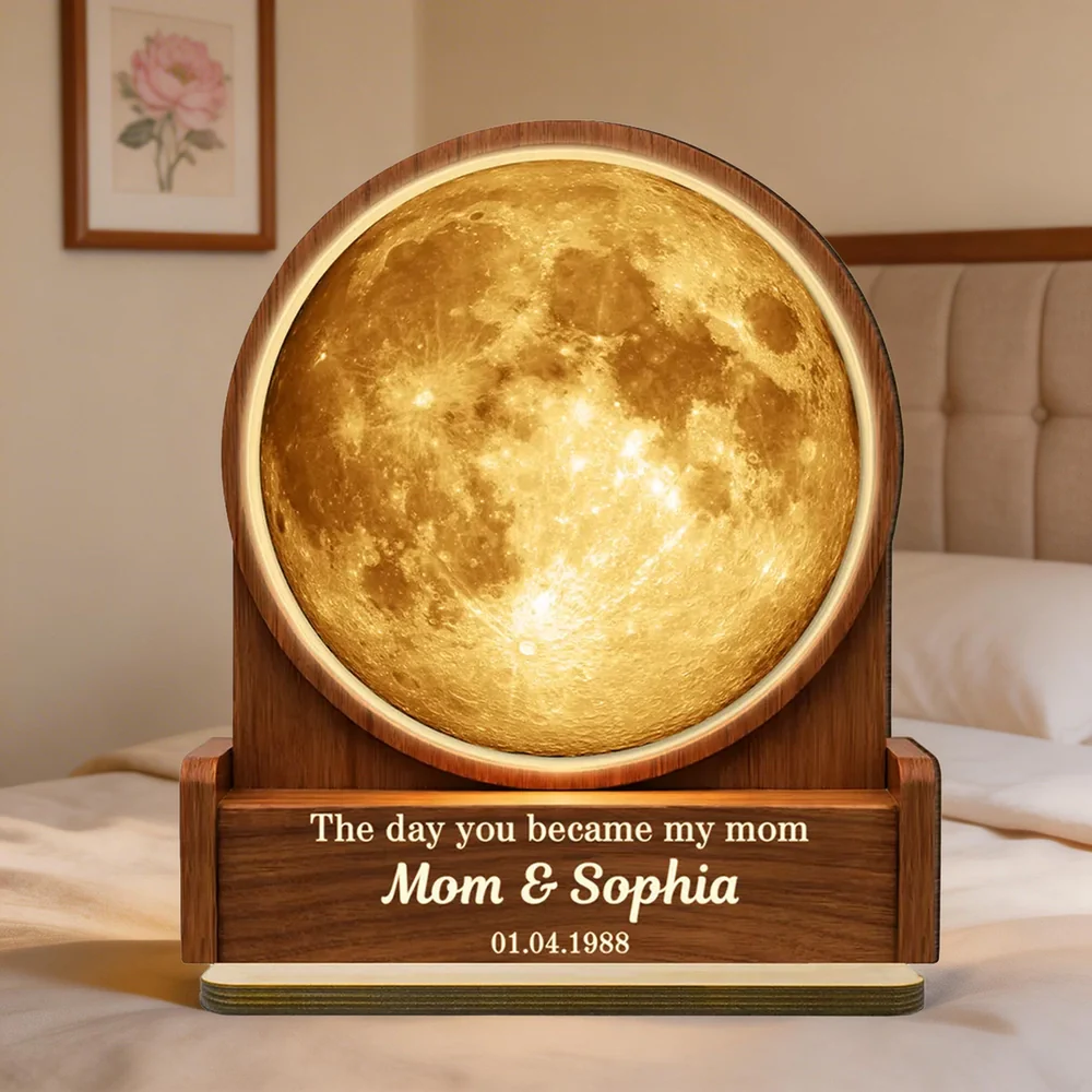 The Day You Became My Mom Custom Moon Phase by Date - Personalized 2-Layered Wooden Plaque - Heartfelt Gift for Mom