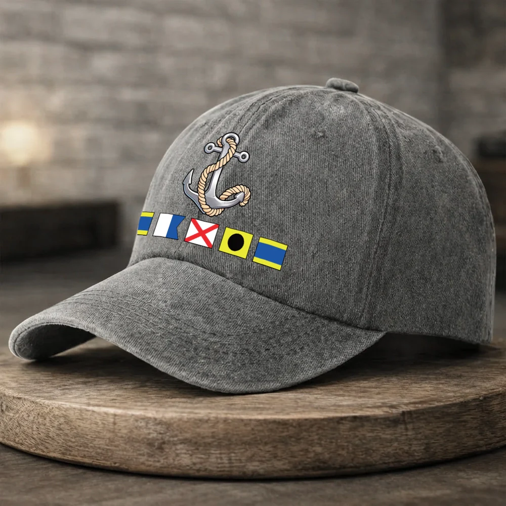 Washed Denim Baseball Cap with Boat Anchor and Nautical Flags - Coastal Style Unique Gift for Sailors and Boat Lovers - Image 7