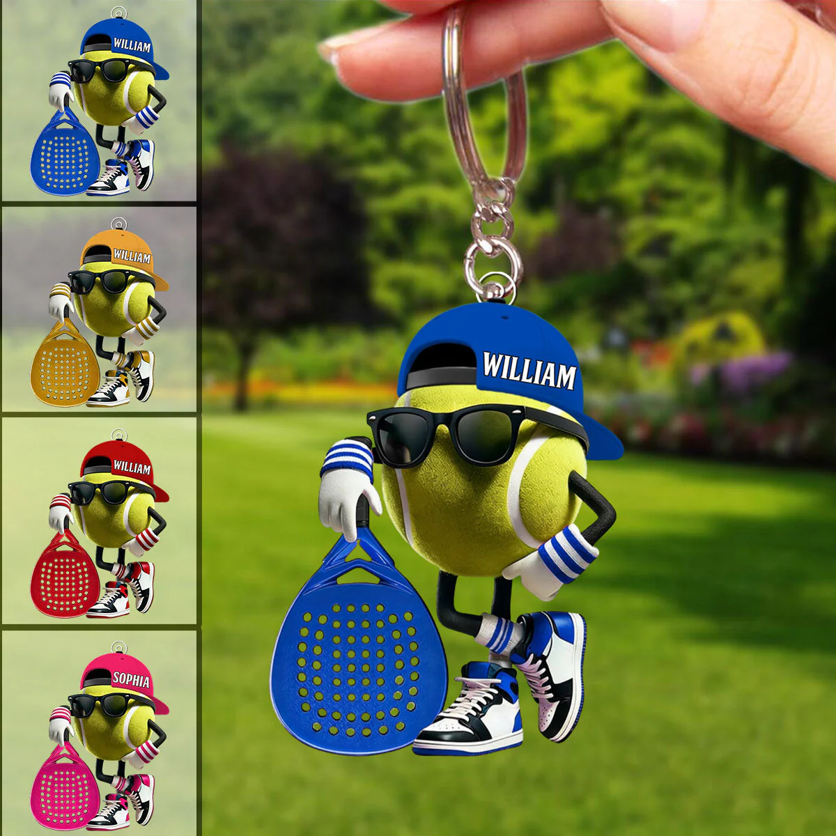 Personalized Padel Acrylic Keychain Cute Tennis Ball Character with Sunglasses and Cap - Unique Gift for Sports Fans - Image 6