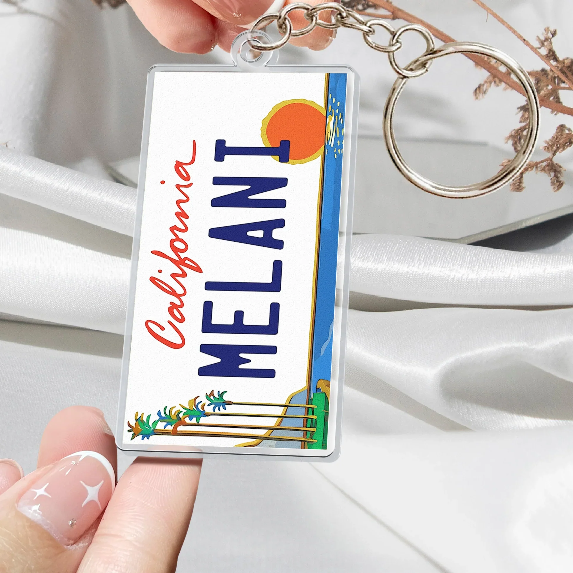 State License Plate Acrylic Keychain, California MELANI Design, Beach Sunset Style, Unique Travel Gift - Image 2