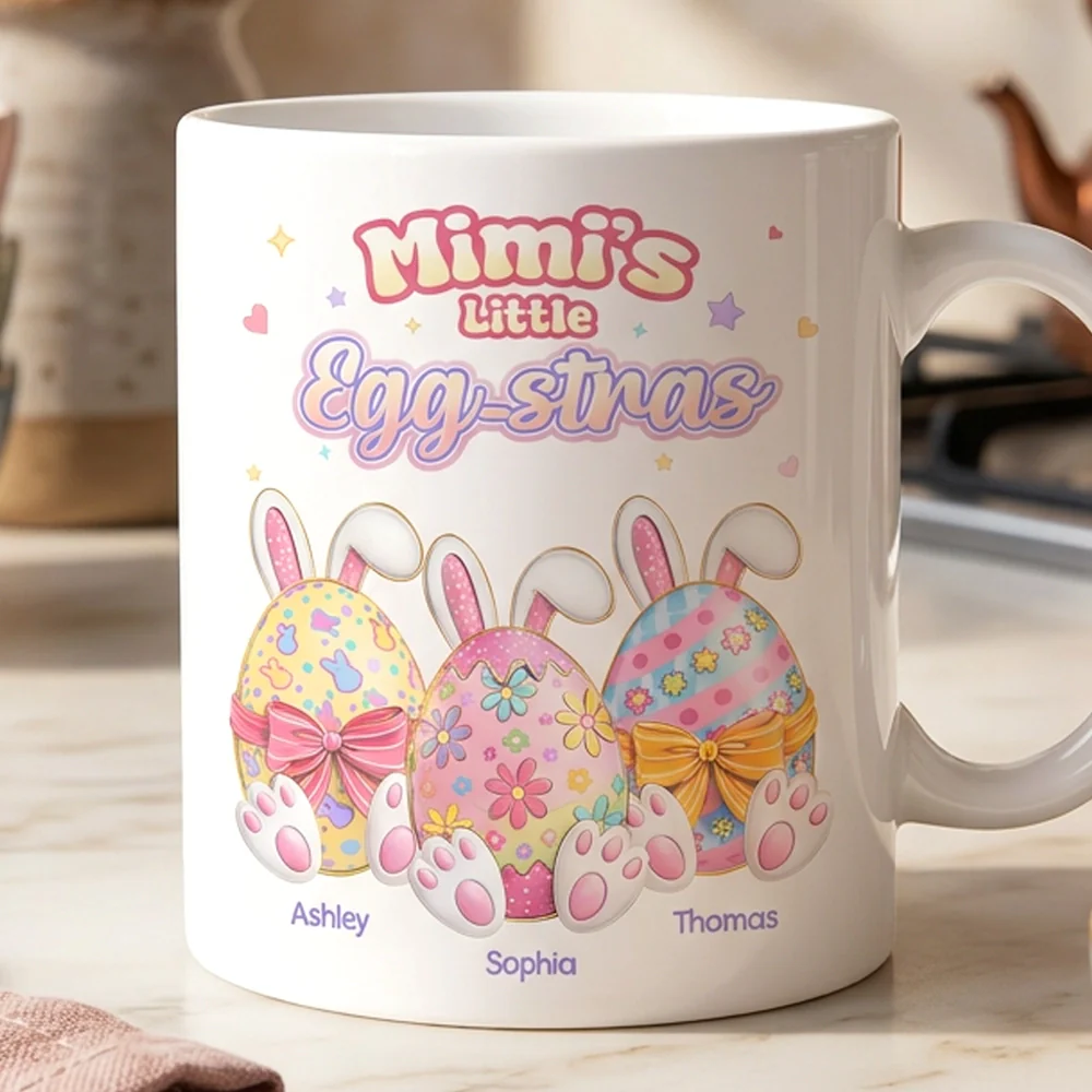 Personalized Easter Bunny Egg Ceramic Mug for Grandma - Mimi's Little Egg-stras Cute Pastel Gift for Her