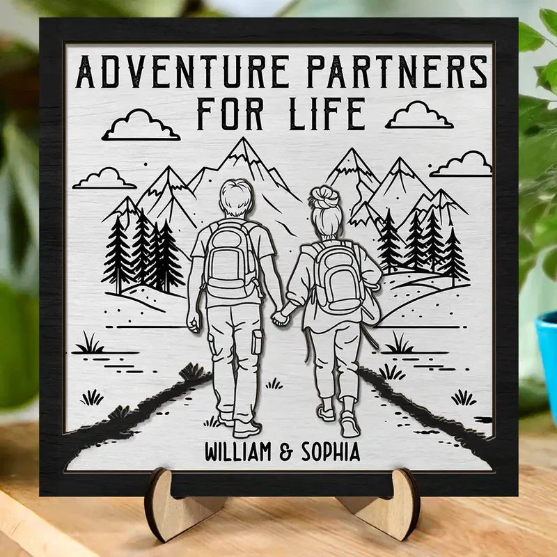 Personalized 2-Layer Wooden Plaque Adventure Partners For Life Couple Hiking Scene - Unique Gift For Your Favorite Travel Buddy - Image 5