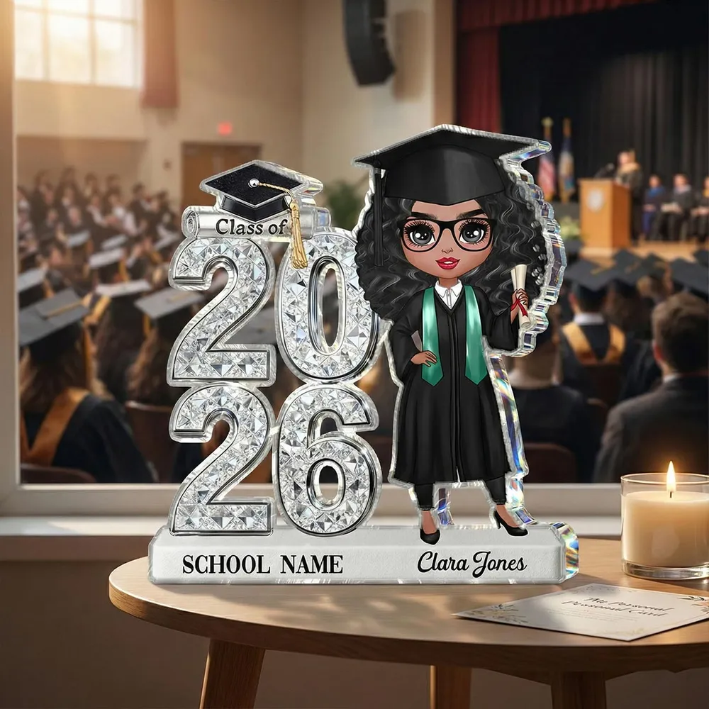 Shaped Acrylic Block Plaque Personalized for Graduation, Glam Class Year Display with Grad Girl Holding Diploma, Thoughtful Gift - Image 7