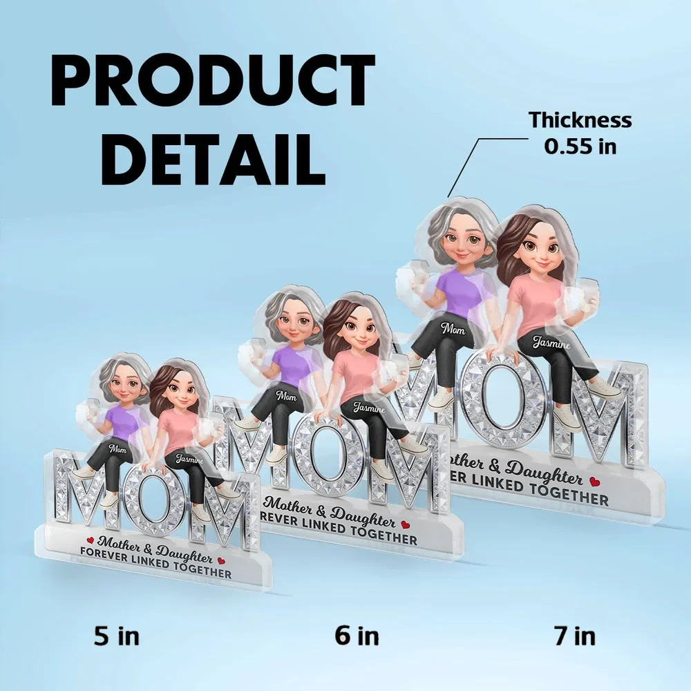Personalized Shaped Acrylic Block Plaque Mother & Daughter Forever Linked Together, Cute Sitting Characters, Unique Gift for Mom - Image 4