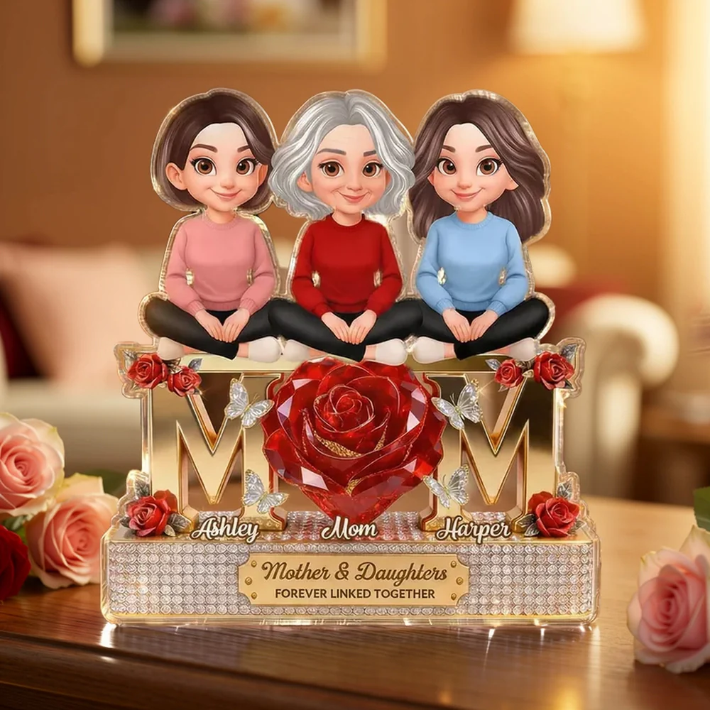 Personalized Shaped Acrylic Block Plaque Mom & Daughters Rose Design for Shelf Decor, Unique Gift for Mom