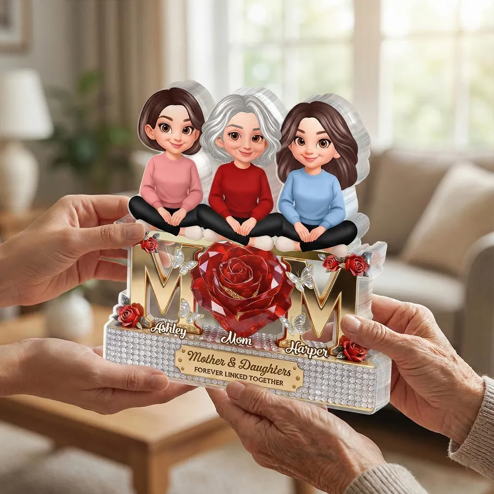 Personalized Shaped Acrylic Block Plaque Mom & Daughters Rose Design for Shelf Decor, Unique Gift for Mom - Image 3
