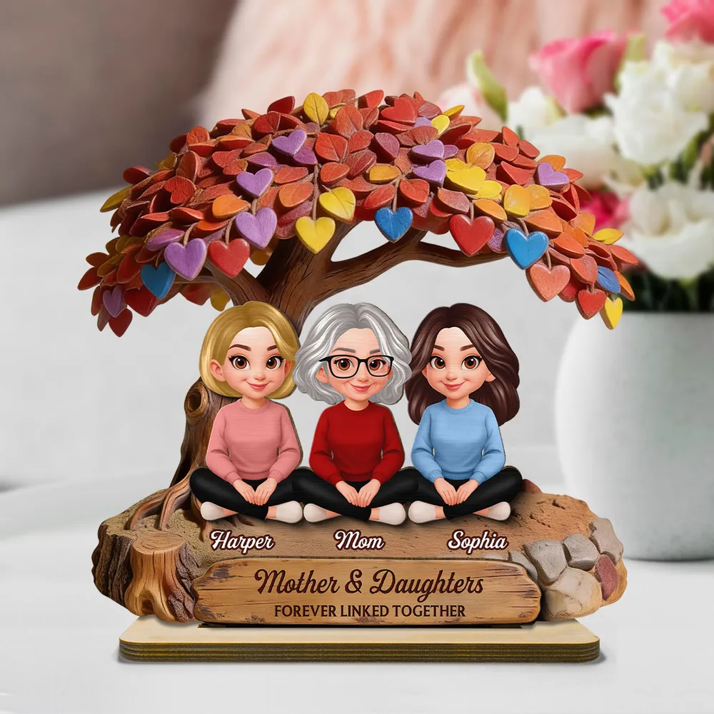Personalized 2-Layer Wooden Plaque with Mom and Daughters Under Colorful Heart Tree - Unique Gift for Mom, Sweet Family Keepsake - Image 2