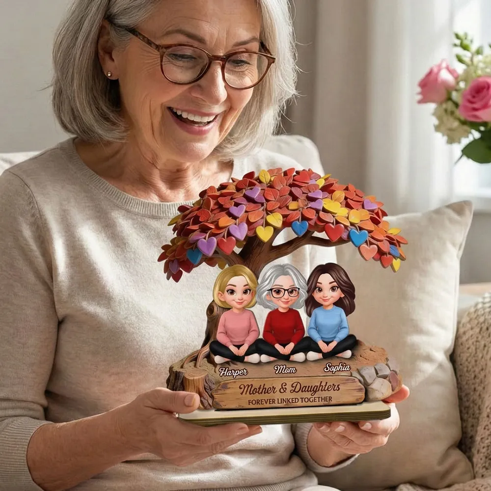 Personalized 2-Layer Wooden Plaque with Mom and Daughters Under Colorful Heart Tree - Unique Gift for Mom, Sweet Family Keepsake - Image 7