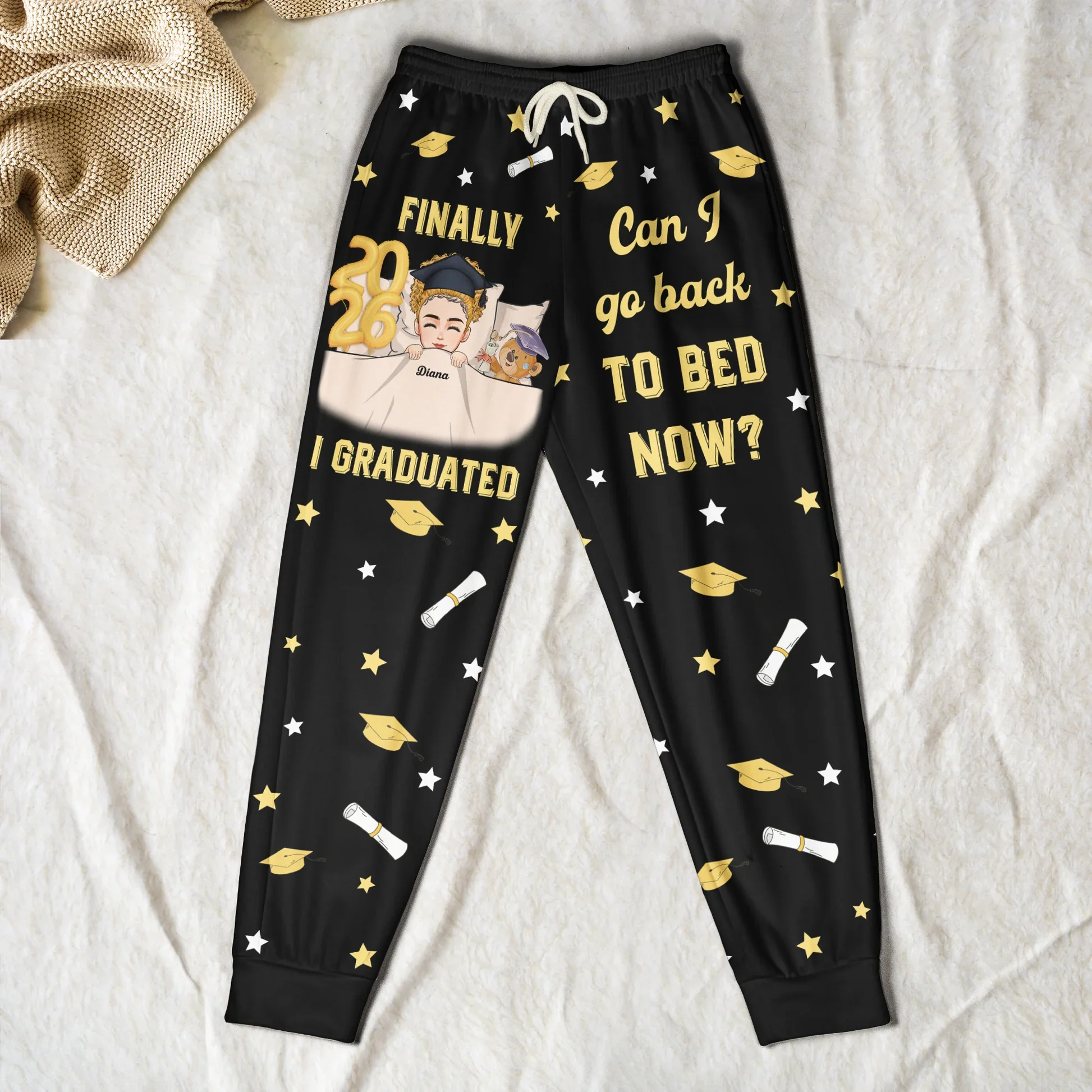 Personalized Sweatpants Graduation Gift Can I Go Back To Bed Now? Funny Custom Lounge Pants For Any Grad - Image 3