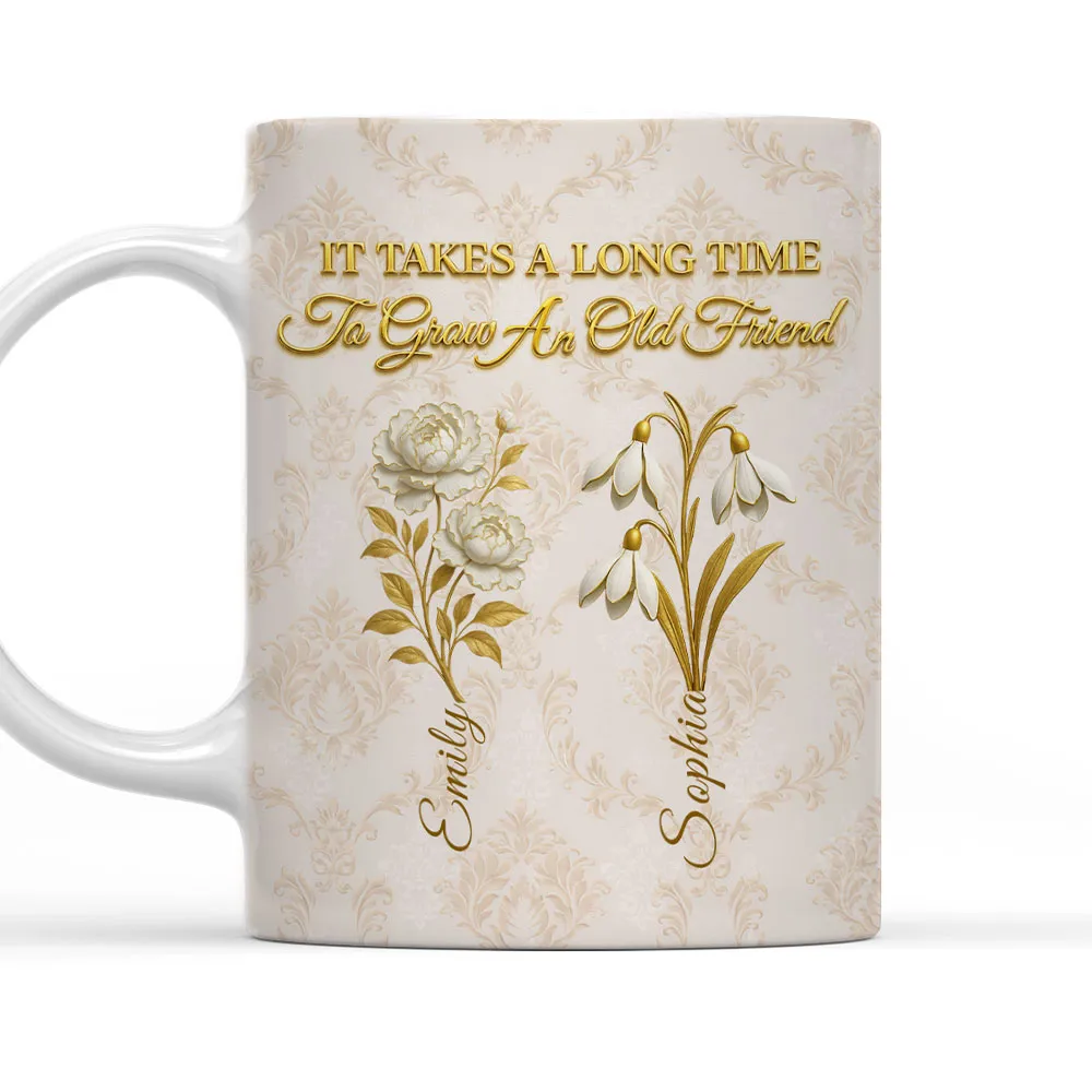 Personalized Vintage Floral Ceramic Mug With 'It Takes A Long Time To Grow An Old Friend' Quote - Unique Best Friend Gift - Image 2
