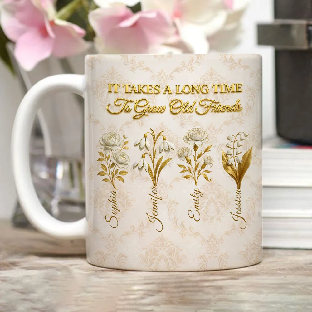 Personalized Vintage Floral Ceramic Mug With 'It Takes A Long Time To Grow An Old Friend' Quote - Unique Best Friend Gift - Image 5
