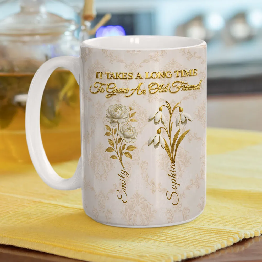 Personalized Vintage Floral Ceramic Mug With 'It Takes A Long Time To Grow An Old Friend' Quote - Unique Best Friend Gift - Image 6